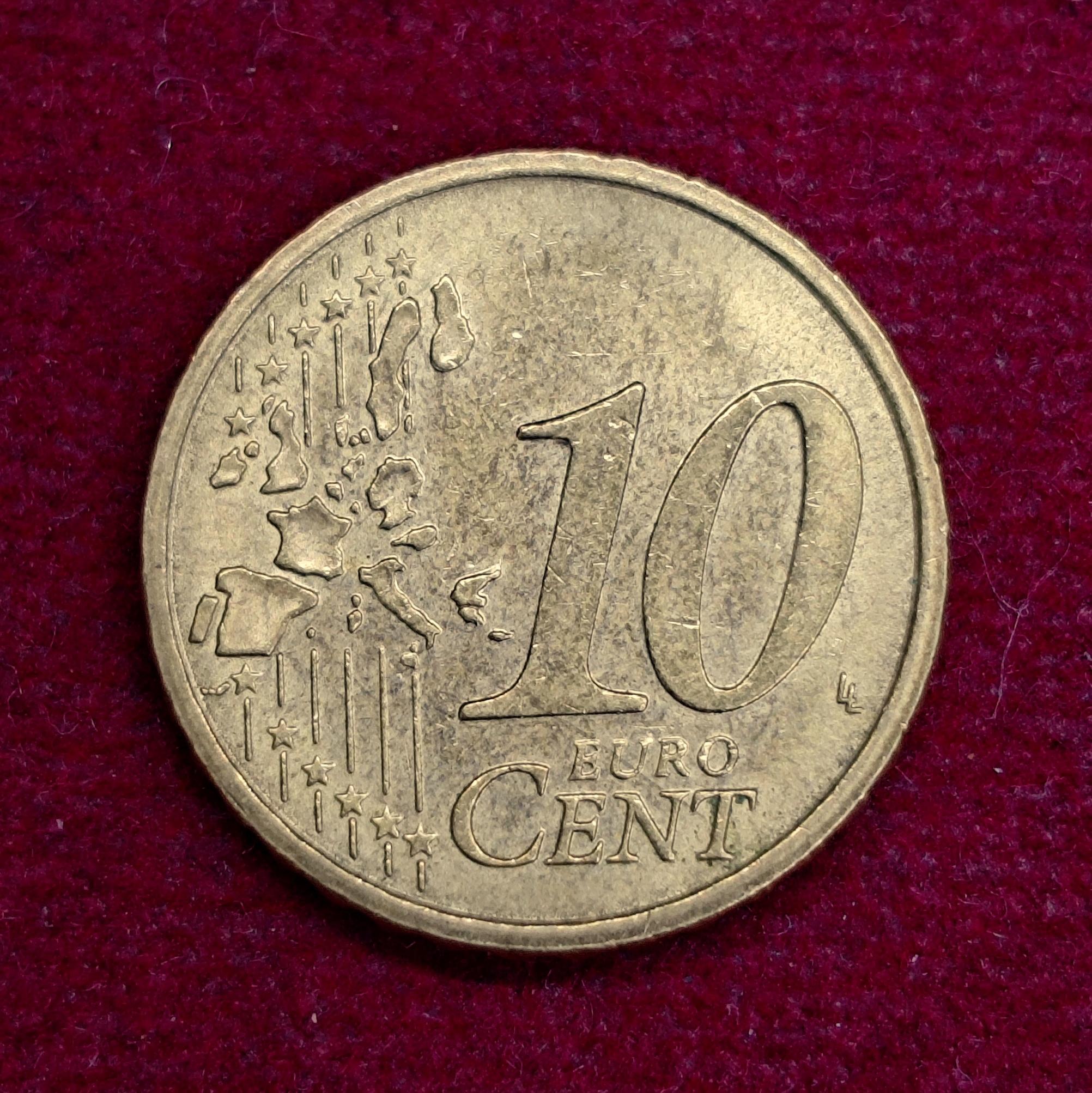 Italy 10 Euro Cent 2nd map 2002 Coin