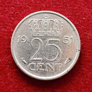 Netherlands 25 Cents Juliana 1951 Coin