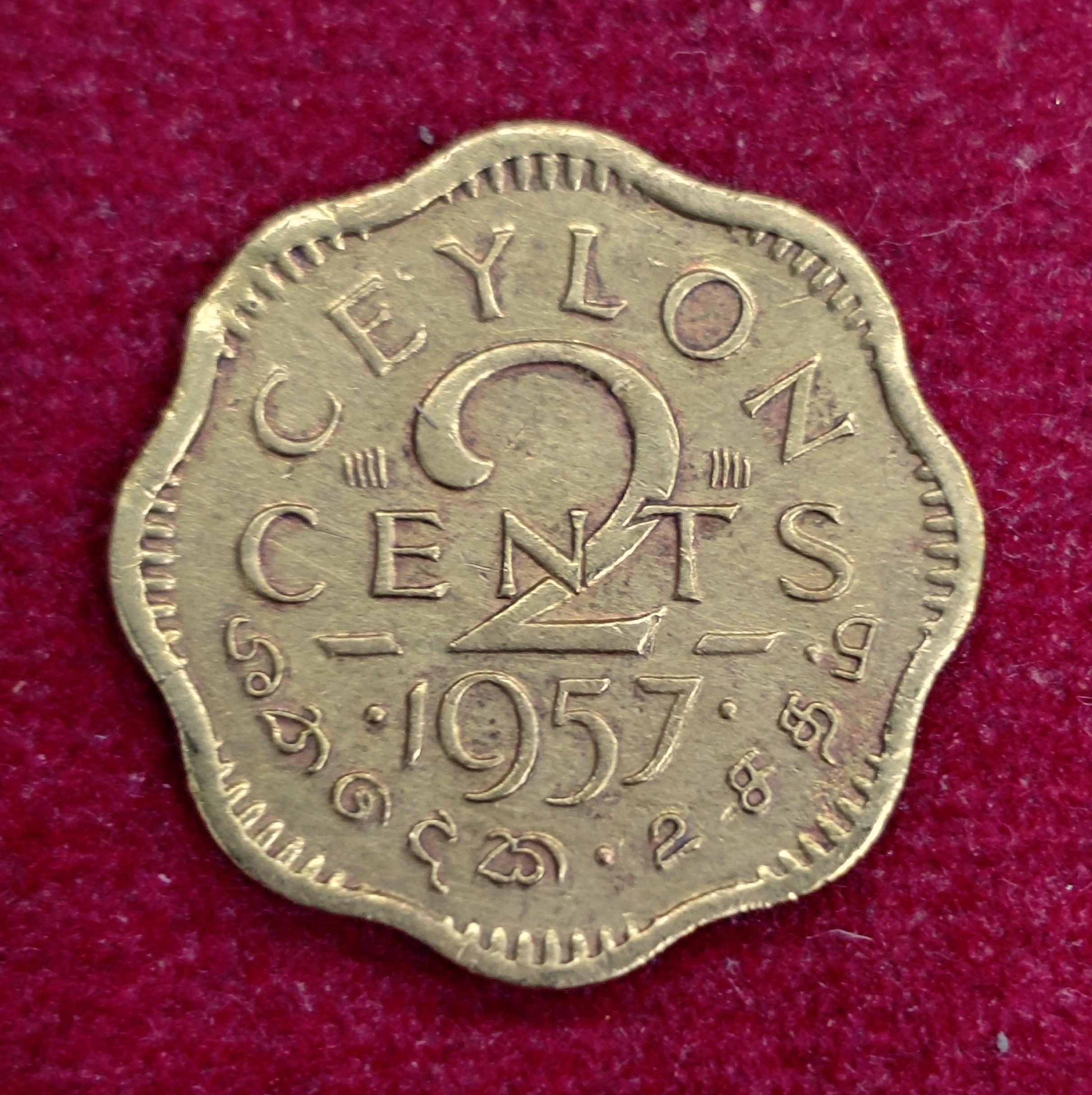 Sri Lanka (Ceylon) 2 Cents - Elizabeth II 1st portrait 1957 Coin