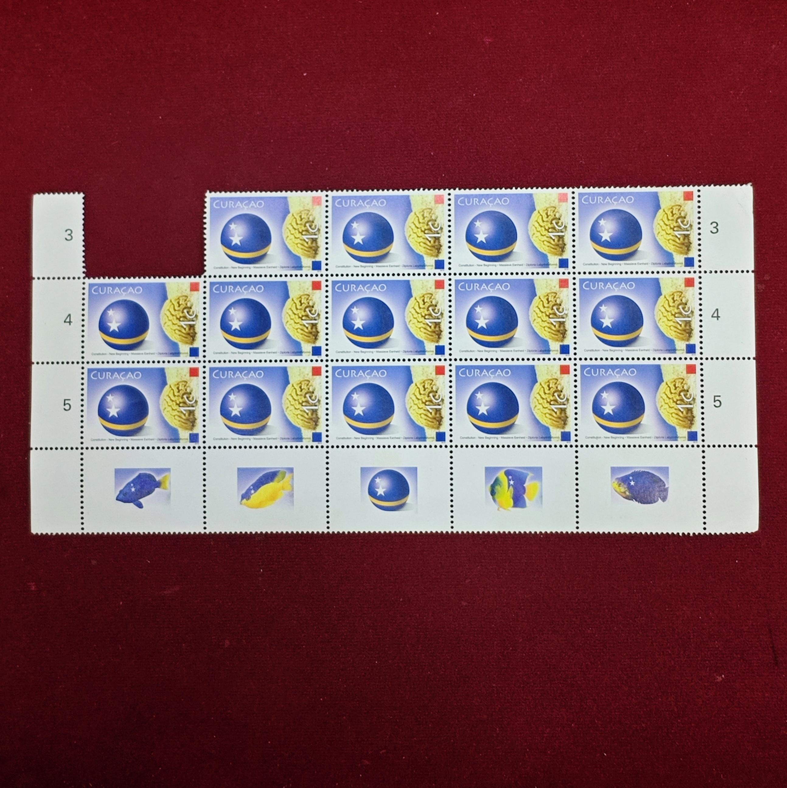 Stamp :- Curacao 1 Cent – Fish & Earth Theme Complete Sheet of 19 Stamps