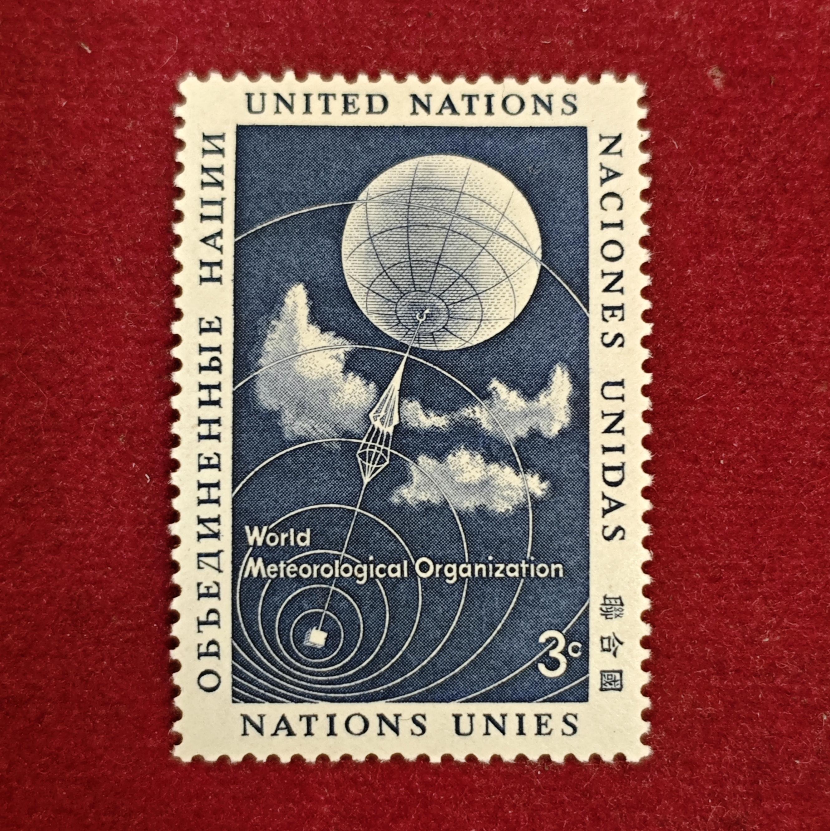Stamp :- United Nations 3¢ Stamp — World Meteorological Organization (WMO) Commemorative Issue