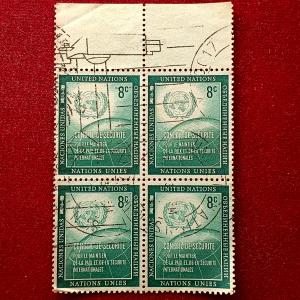 Stamp :- United Nations 8¢ Stamp — Security Council: For the Maintenance of International Peace and Security (Block of Four, Postmarked)