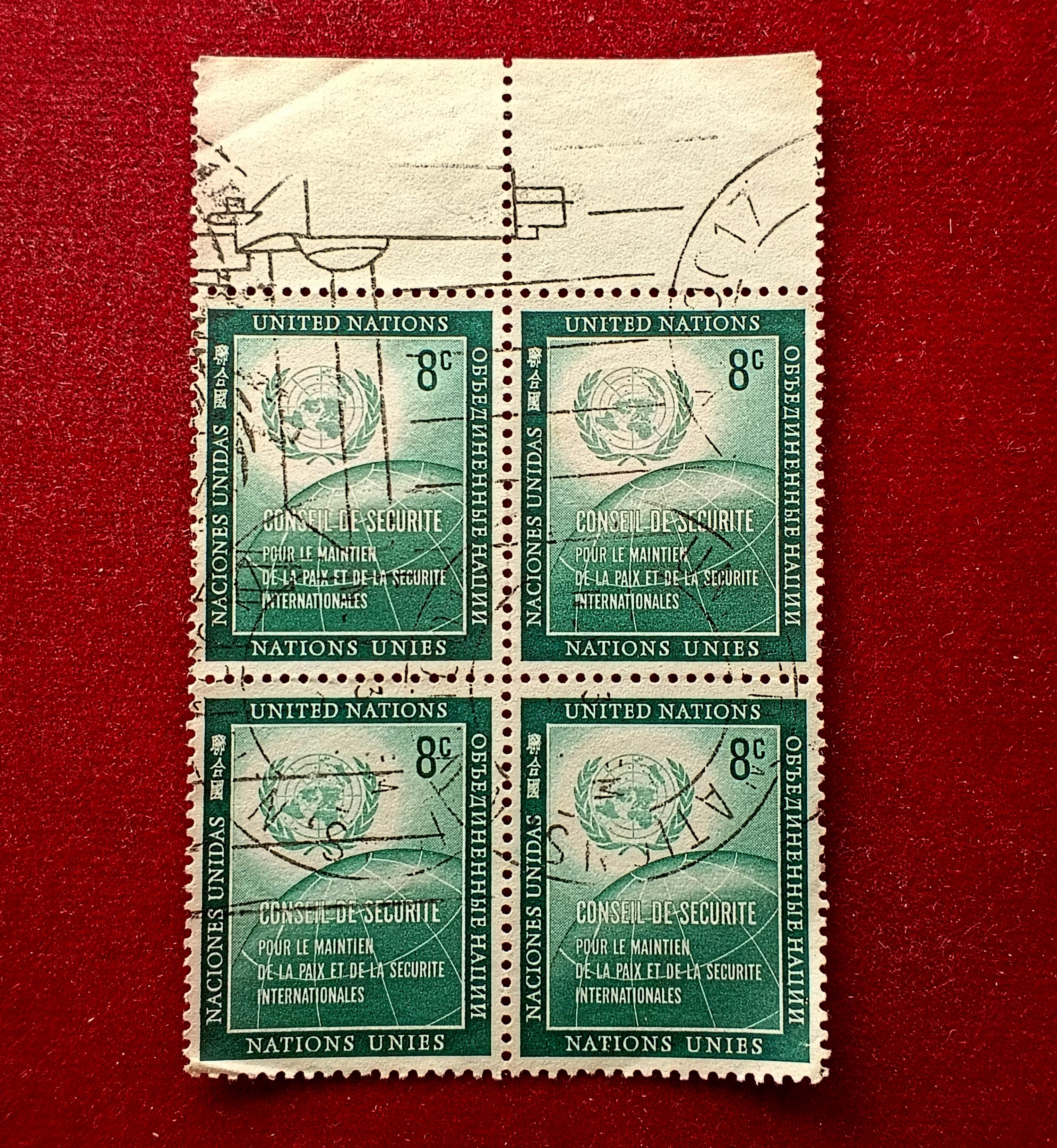 Stamp :- United Nations 8¢ Stamp — Security Council: For the Maintenance of International Peace and Security (Block of Four, Postmarked)