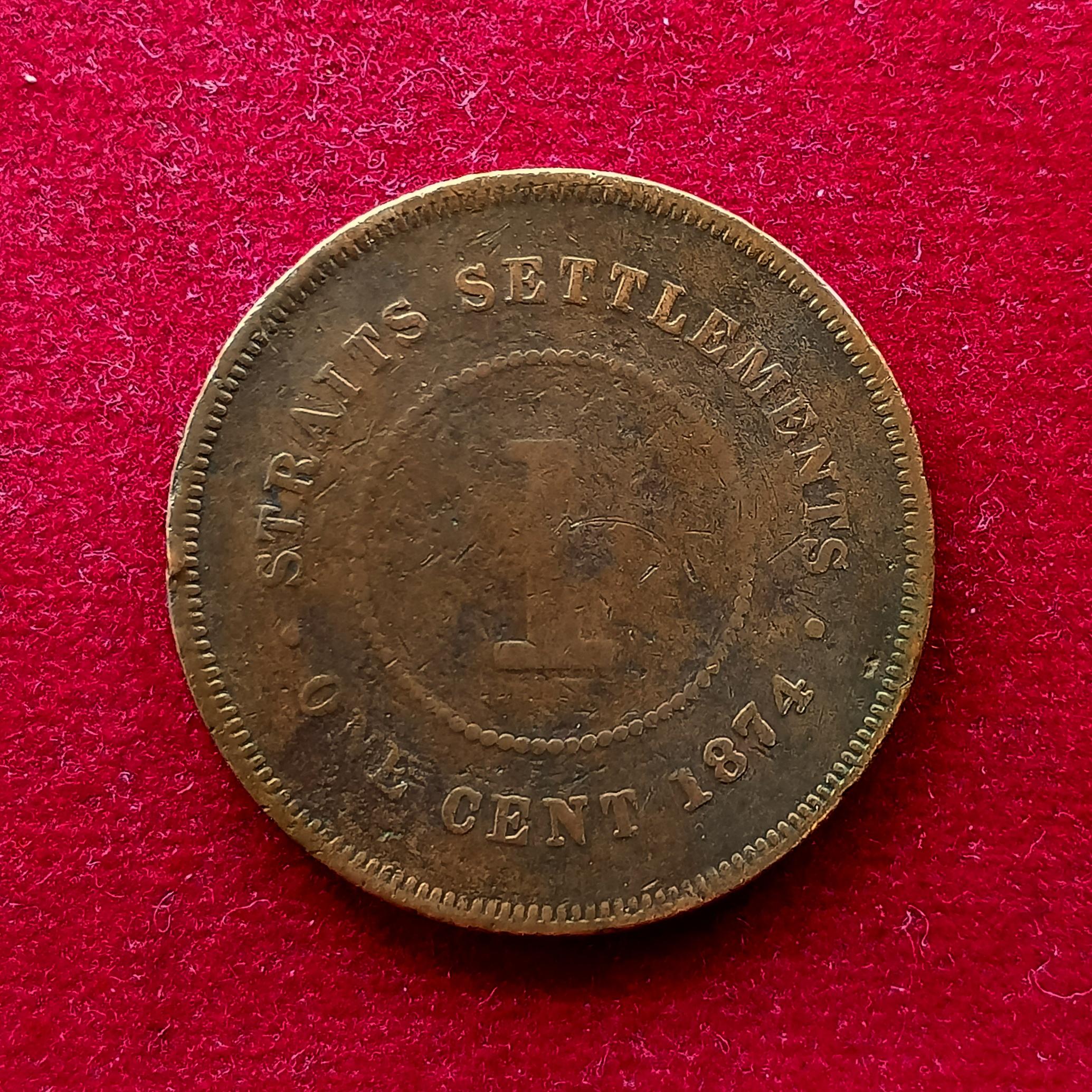 Straits Settlements (British Malaysia) 1 Cent Victoria 1874 Coin