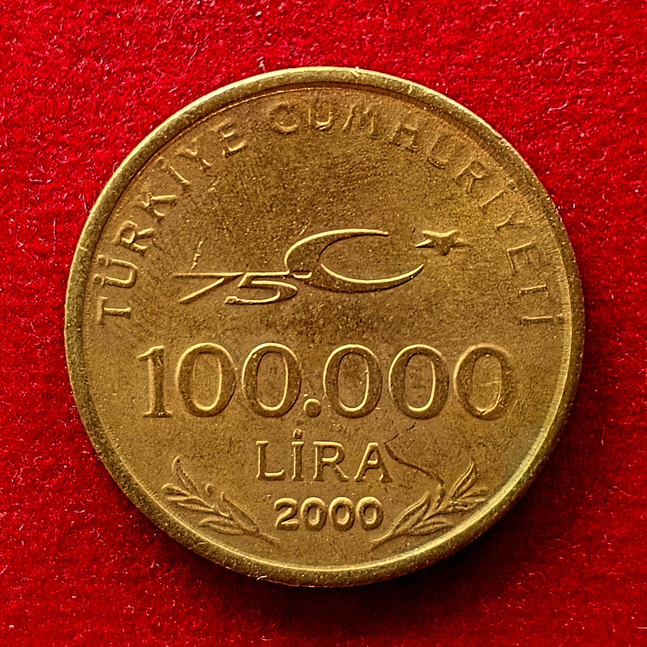 Turkey 100000 Lira 75th Anniversary of the Republic of Turkey 2000 Coin
