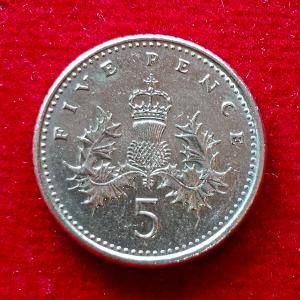 United Kingdom 5 Pence – Elizabeth II 3rd portrait; small type 1991 Coin