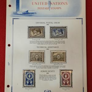 United Nations 1953 Commemorative Stamp Set – Universal Postal Union, Technical Assistance, and Human Rights Issues (Mounted Album Page) 6v Stamps