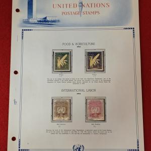 United Nations 1954 Commemorative Stamp Set – Food & Agriculture (FAO) and International Labor Organization (ILO) Issues (Mounted Album Page) With 4v Stamps