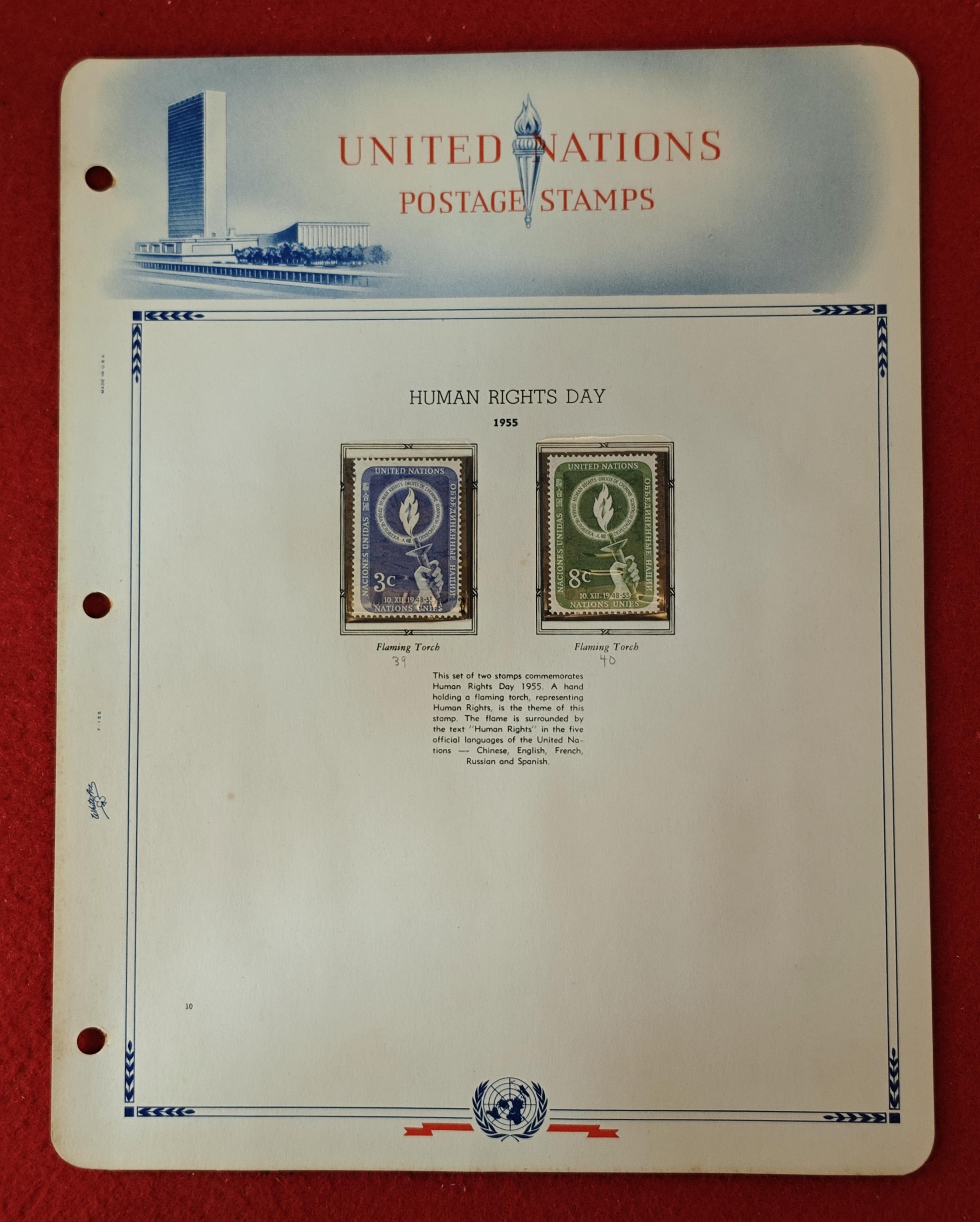 United Nations 1955 Commemorative Stamp Set – Human Rights Day “Flaming Torch” Issue (Mounted Album Page) With 2v Stamps