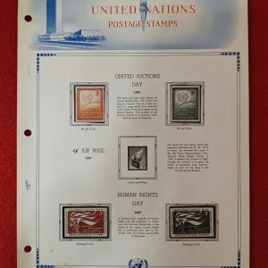 United Nations 1957 Commemorative Stamp Set – United Nations Day, Human Rights Day & Airmail Issues (Mounted Album Page) With 4v Stamps