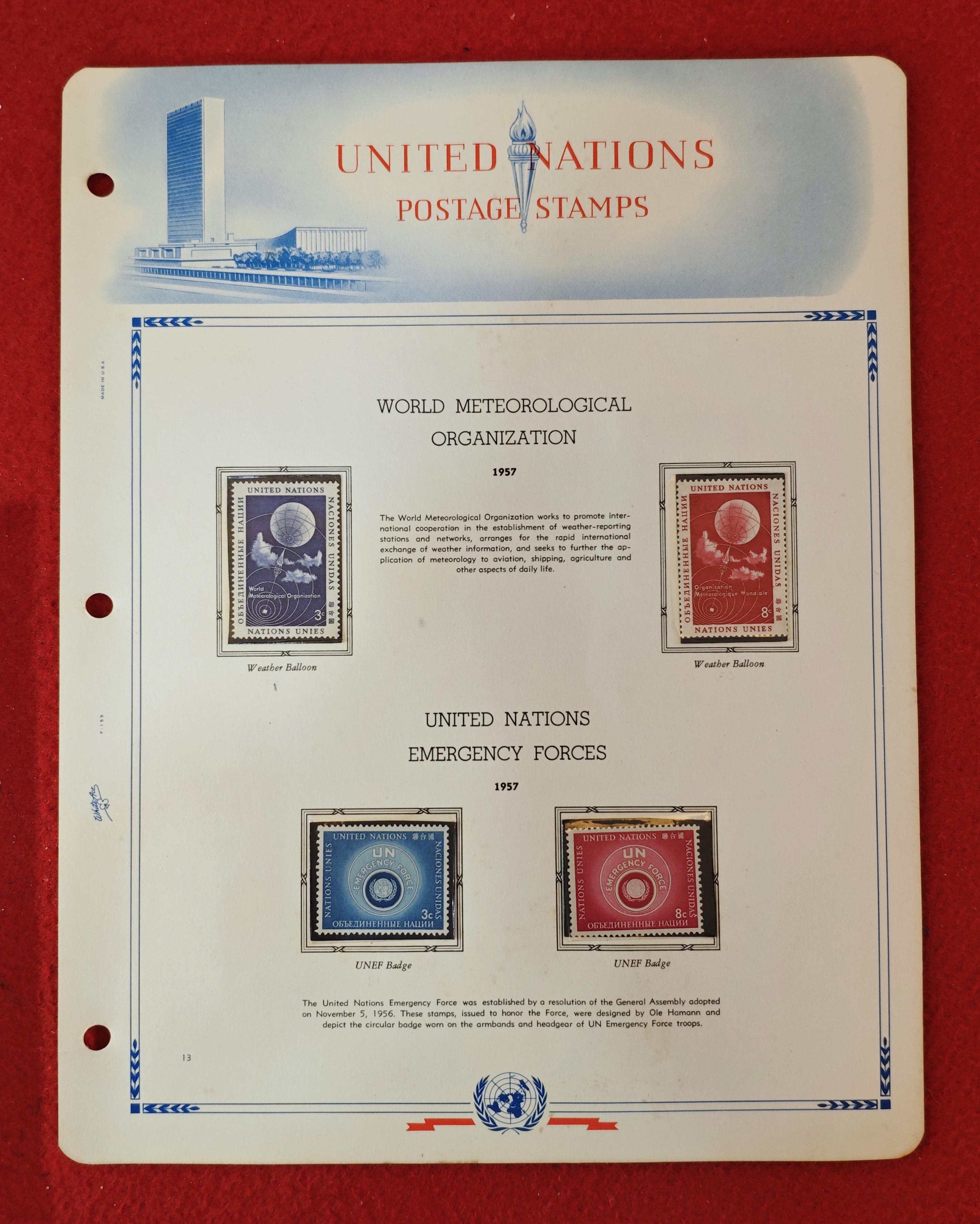 United Nations 1957 Commemorative Stamp Set – World Meteorological Organization & United Nations Emergency Force Issues (Mounted Album Page) With 4v Stamps