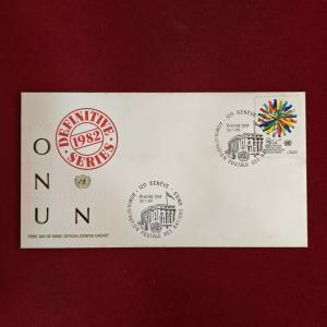 FDC:- United Nations 1982 “Definitive Series” First Day Cover – Geneva Issue – Featuring 1.00 Fr Stamp (Colorful Ribbon Wheel Design)